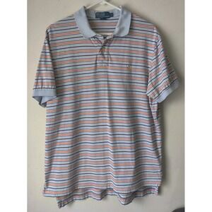 Polo Ralph Lauren Shirt Mens Large Casual Cotton Striped Short Sleeve Blue Sz L‎